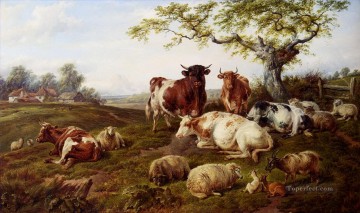  descanso Arte - Descansando ganado ovino y venado una granja más allá